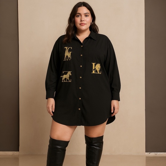 c.s.t studios Tops - Vintage CST Studio Black Oversized Safari Animal Embroidered Button Down Shirt